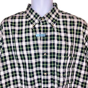 Paul Fredrick Mens XL Dress Shirt White Green Navy Blue Plaid Long Sleeve